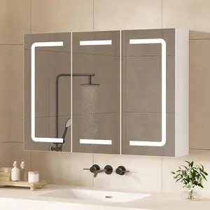 Medicine Cabinet Organizer with Mirror, Lighted Bathroom Medicine Cabinet with Storage, 3 Doors Bathroom Wall Cabinet with LED Lights, Adjustable Shelves & Outlets, 31.5'' x 23.6'', White