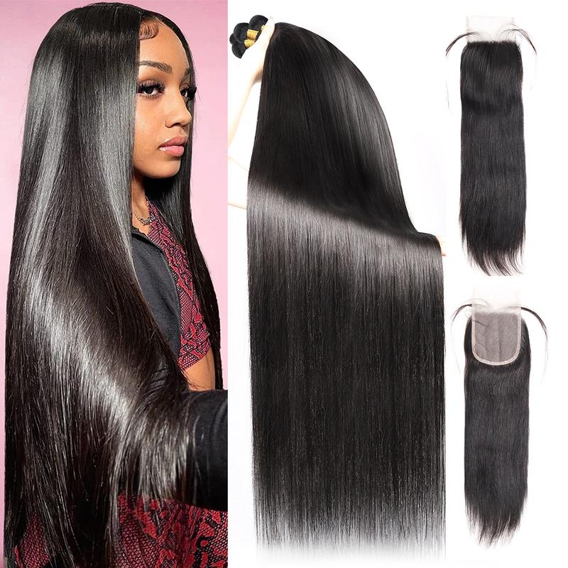 Brazilian Straight Bundles with Closure Human Hair Bundles with Lace Closure Straight Human Hair 3 Bundles with 4x4 Closure