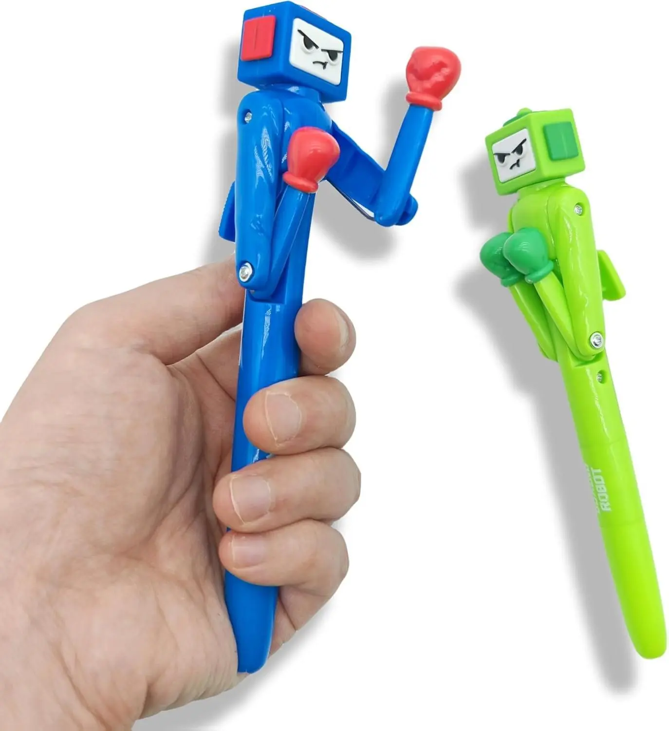 Robot Boxing Pen - 2PCS with Punching Arm & Crisp Button Sound - Funny Cool Novelty Pen - Boxing Gifts - Blue/Green Colors - 1.0mm Smooth Writing