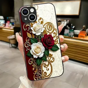 Gold-plated, two-tone rose and Baroque pattern printed TPU full-coverage phone case with anti-drop and anti-slip features, and white glass lens protection. Suitable for iPhone 17, 16, 15, 14, 13, 12, 11, Samsung, and other series models.