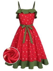RETROSTAGE Women's 1950s Red Strawberry Ruffle Belt Cute Spaghetti Strap Casual Dress - Bohemian Print, Summer Womenswear Clothes