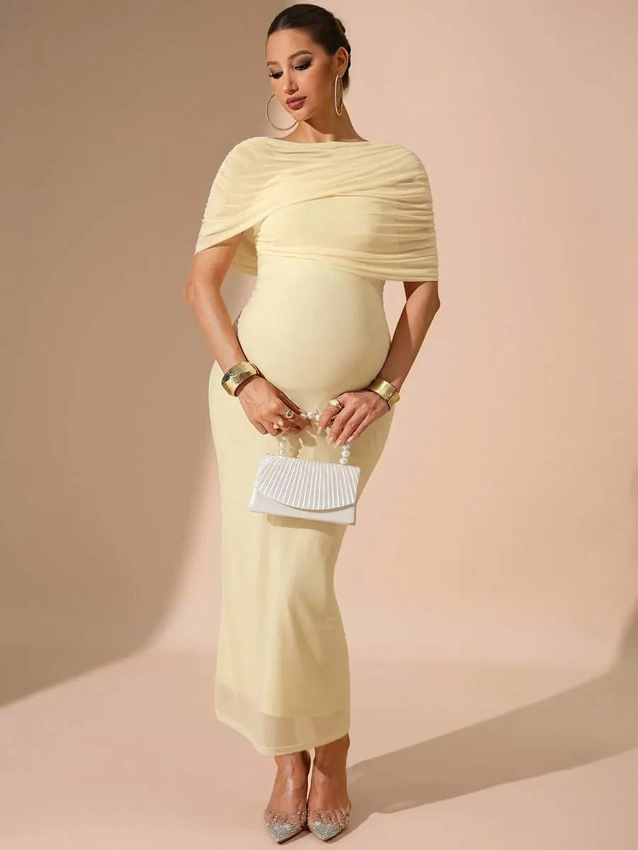 Elegant Yellow Maternity Dress For Summer Autumn Winter,Solid Color Fitted Pregnant Women's Clothes For Party Baby Shower Photoshoot New Year Fall