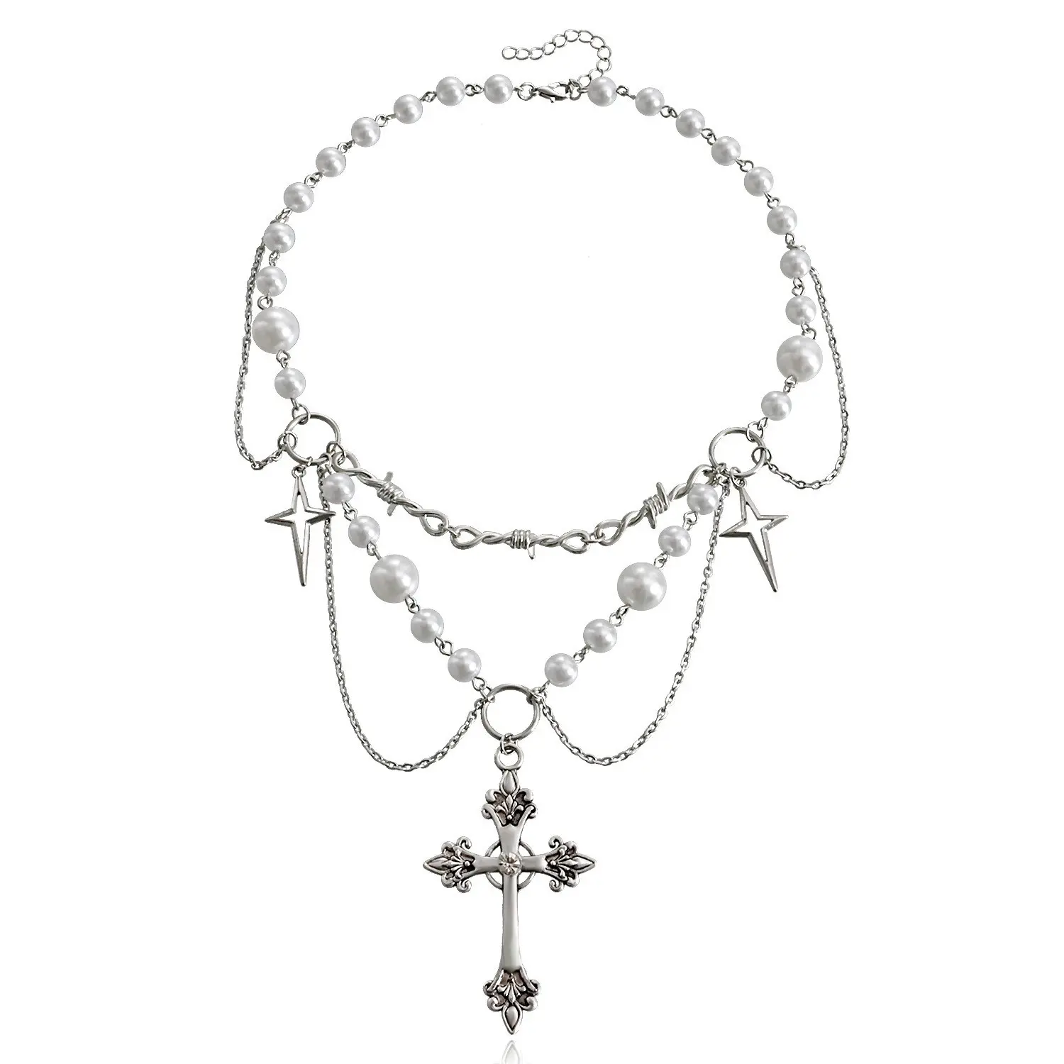 Women's Adjustable Double-Stacked Artificial Pearl Decorative Necklace - 2000s Vintage Heart Pendant Fairy-Inspired Choker Jewelry, Alloy Chain, Cottagecore, Chain & Link, Female, Retro
