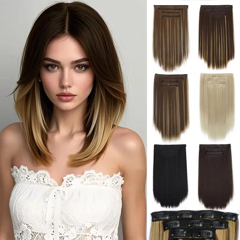 Women's 4-Piece Clip-In Synthetic Hair Extension Set, 14-Inch Long Straight Synthetic Hair Extensions, 11 Clips, Mother's Day Gift