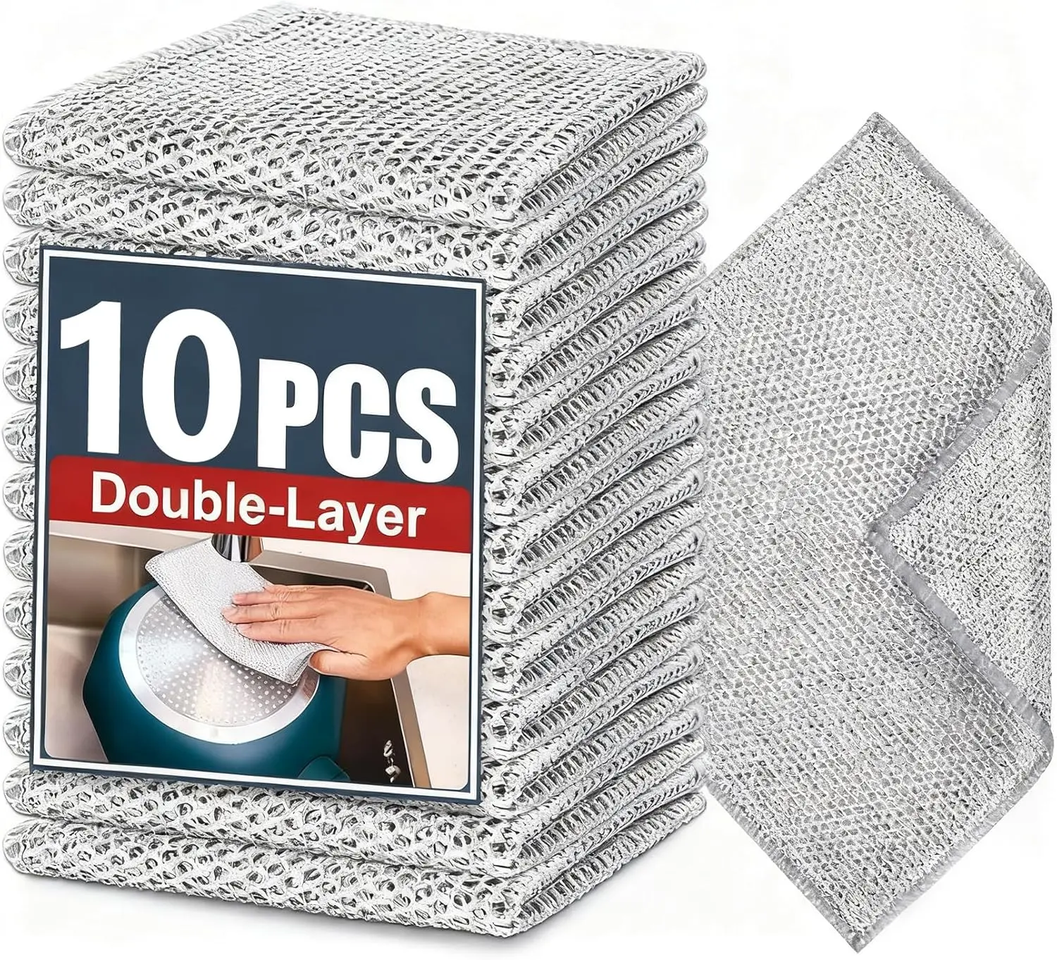 10 Pack Reusable Non-Scratch Dishwashing Rags,Double-Layer Wire Dishcloths， Reusable Kitchen Scrubber Cloths for Cookware, Dishes, Sinks and Stove Tops，household items，