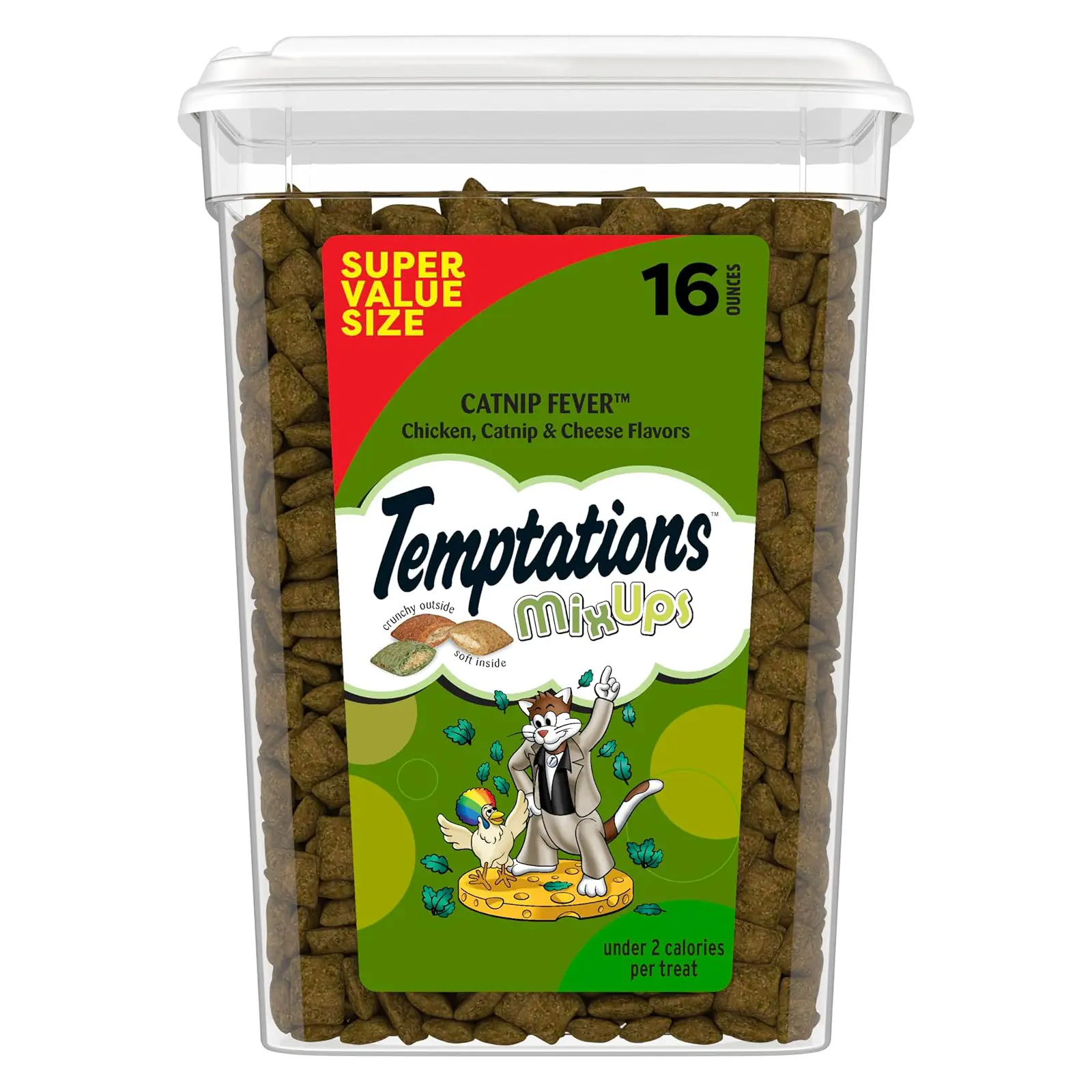Temptations MixUps Crunchy and Soft Cat Treats, Catnip Fever, 16 oz Under 2 calories per treat, no artificial flavors, 100% complete & balanced for adult cats, resealable stay-fresh tub