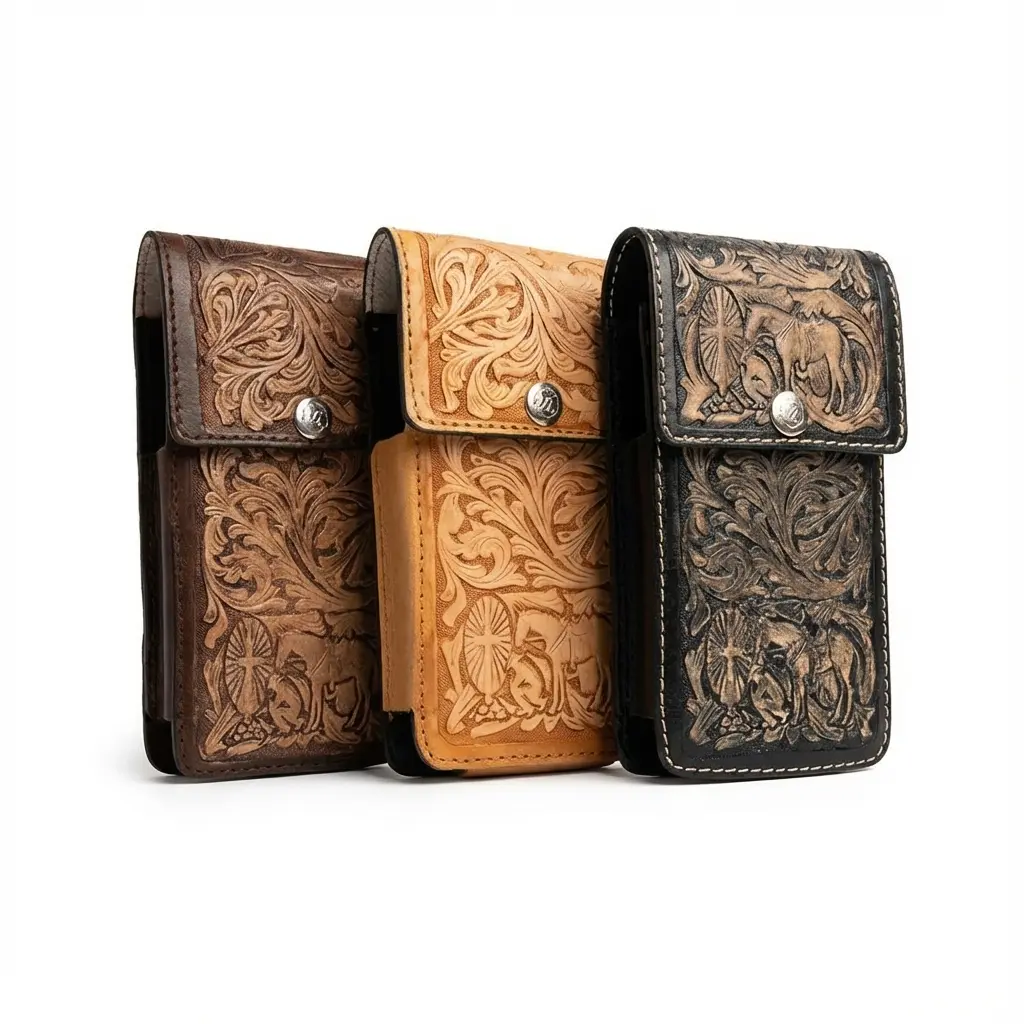 Cowhide Belt Bag - Tooled Distressed Leather Phone Holster, Universal Fit with Embossed Cowboy Prayer Art for Most Smartphones, Riding