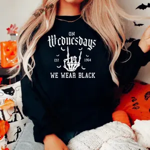 We Wear Black Sweatshirt - On Wednesdays Est 1964 Design Black Color Apparel Pullover Womenswear Tops Crewneck Long Sleeve halloween Casual Elegant woman cute