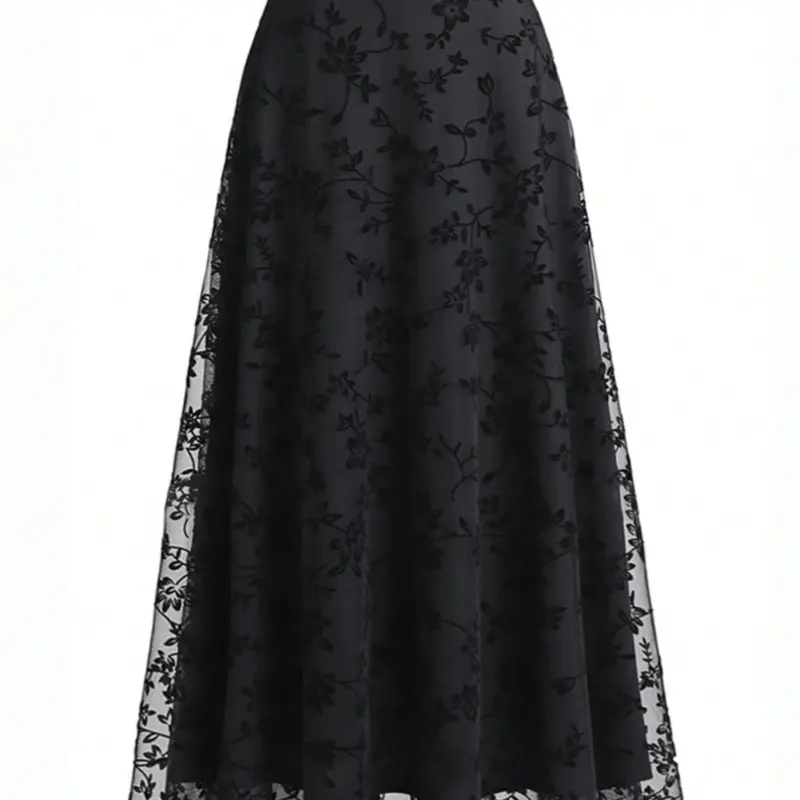 【Black Friday】Women's Floral-Embroidered Contrast-Mesh A-Line Skirt, Elegant High-Waisted Long Skirt for Formal and Casual Occasions, Parties, Holidays, and Weddings