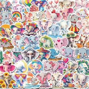 Cartoon Elephant Pattern Sticker, 50pcs/set Cute Animal Decorative Sticker, DIY Decals for Water Bottle, Laptop, Phone Case, Scrapbooking, Journal Making