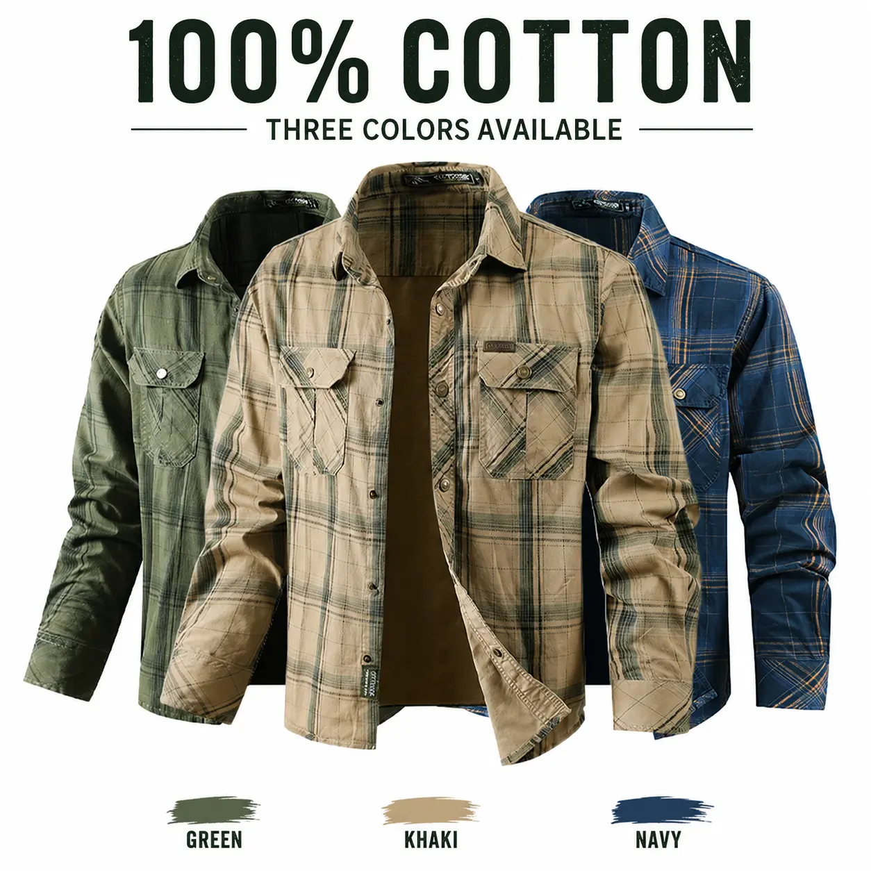 Men’s 100% Cotton Plaid Long-Sleeve Shirt Jacket - Button-Down Collared Basics Top, Casual Workwear Flannel with Pocket, All Seasons, 3 Colors Available (Oxford)