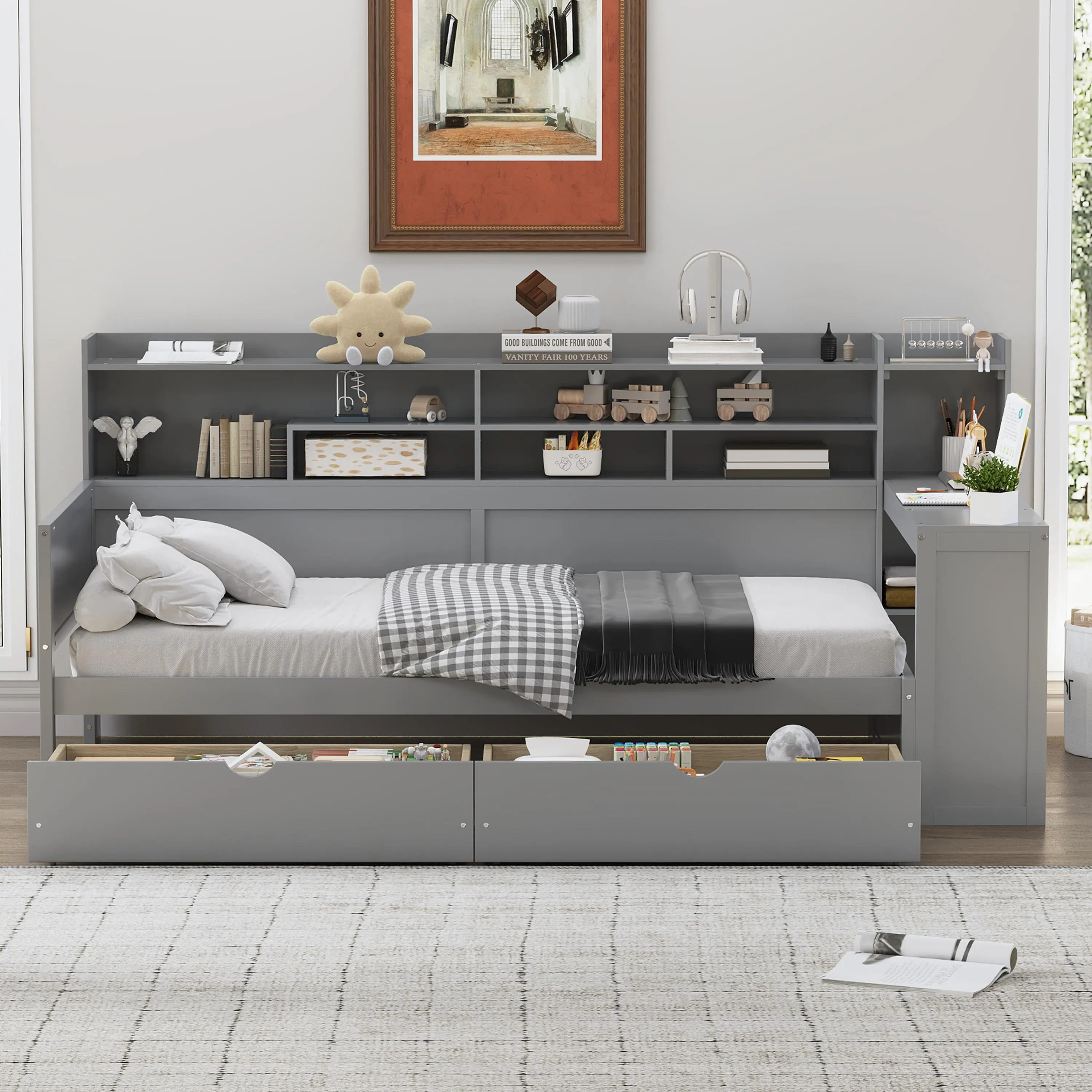 Modern Stylish Wooden Storage Daybed with Built-in Desk, Twin Size