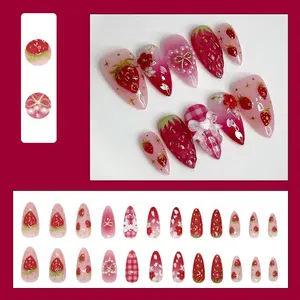 Almond Shape Gradient Nail Polish Removable Press-On Nails, Strawberry Pearl Bow Flowers, Spring Summer Daily Use