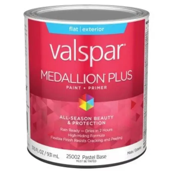 Valspar 028.0025002.005 1 qt. Medallion Plus Flat Exterior Pastel Base Paint & Primer, High-Hiding Formula, Flexible Finish Resists Cracking and Peeling, Rain Ready in 2 Hours