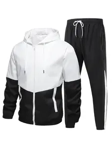 Men's Spring Summer Casual Sports Hooded Patchwork Set 100% Polyester Fabric Pants with Elastic Waistband Hemmed Cuffs for Comfort and Practicality Office Work Sporting Occasions, Track Suits Sets, Sporty Style Outfits, Stretchy Suit Set