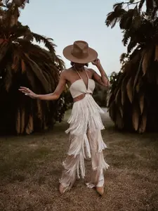 Nude Boho Bridal Cut Out Tassel Fringe Jumpsuit Bachelorette Party Outfit Wedding Reception Dress Overalls Rompers for Women