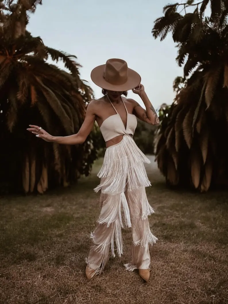 Nude Boho Bridal Cut Out Tassel Fringe Jumpsuit Bachelorette Party Outfit Wedding Reception Dress Overalls Rompers for Women