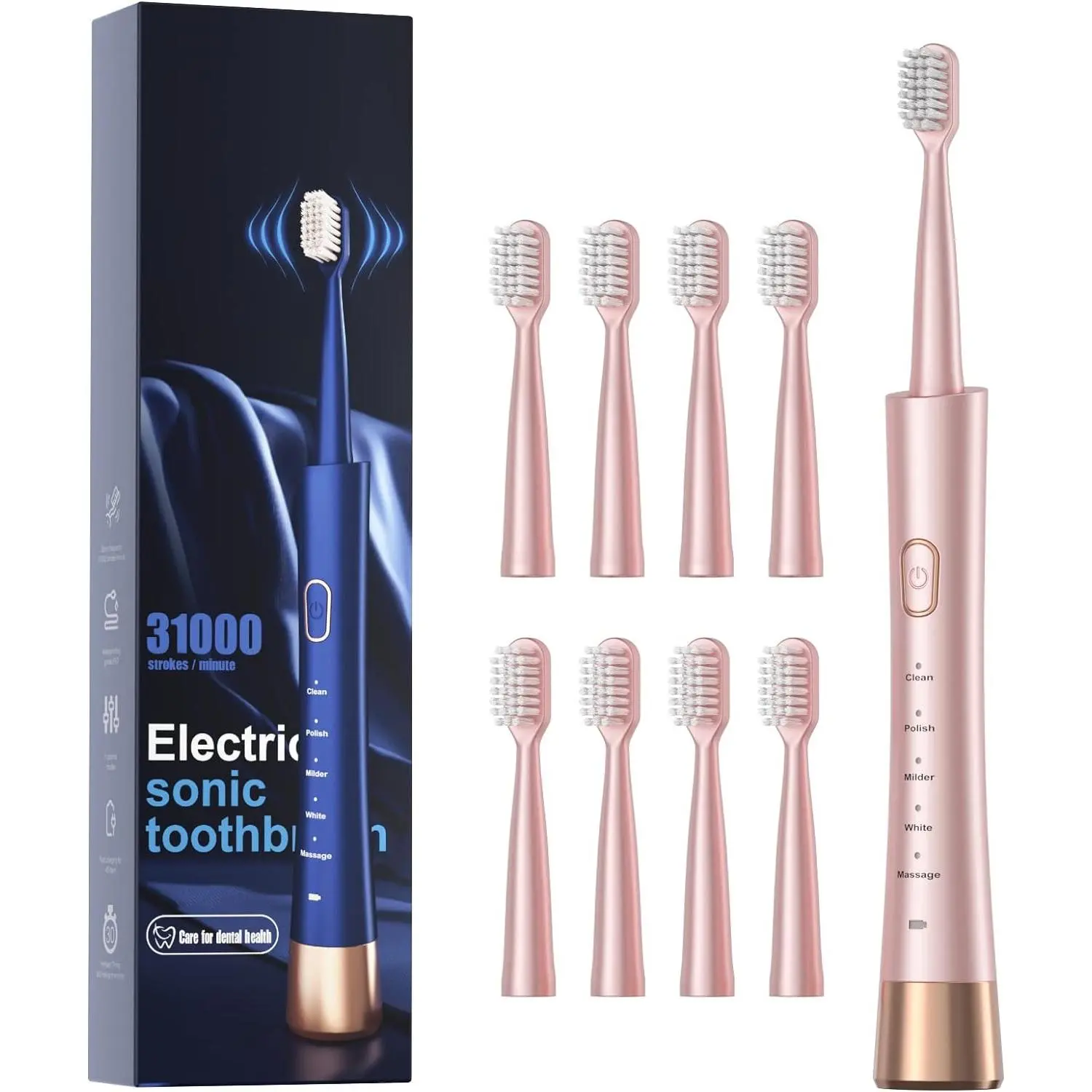 Sonic Electric Toothbrush for Adults, USB Rechargeable with 5 Modes and Smart Timer, IPX7 Waterproof for Oral Care, Includes 8 Soft Brush Heads, 30-Day Battery, Pink, Beauty Products, Nylon, Fast Charge, Ergonomic