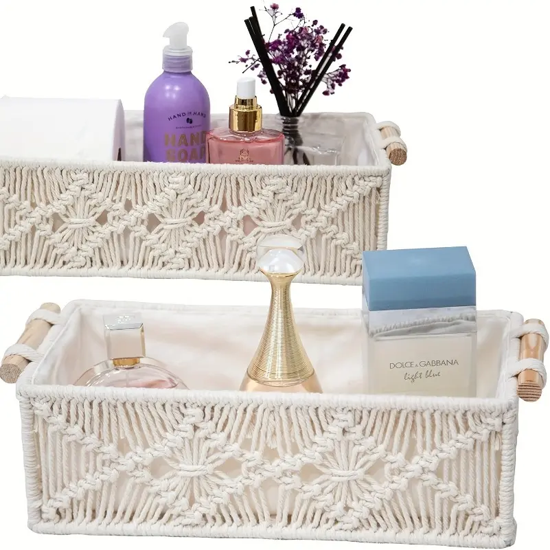 1pc Rectangle Bohemian Macrame Woven Storage Basket with Wooden Handles, Fabric-Lined Handcrafted Home Organizer for Countertop, Snacks, Cosmetics, Ideal for Bathroom, Bedroom, 1Pc Macrame Storage Basket