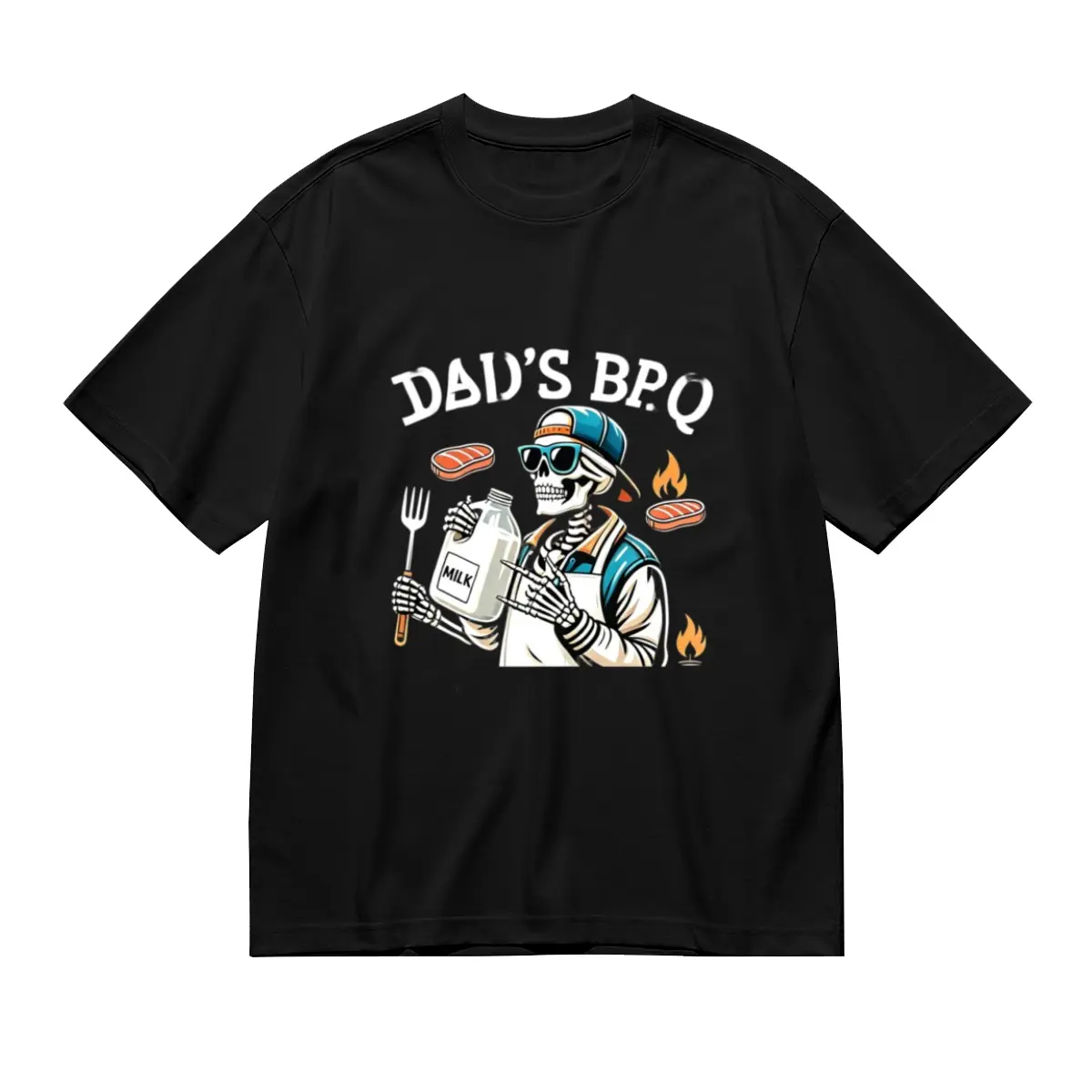 100% Cotton Oversized T-Shirt, Dad's BBQ Cool Skeleton Grilling Steak Fire Milk Bottle Vintage Graphic Black Casual Tee, Father's Day Backyard Barbecue Mens Streetwear Tshirt