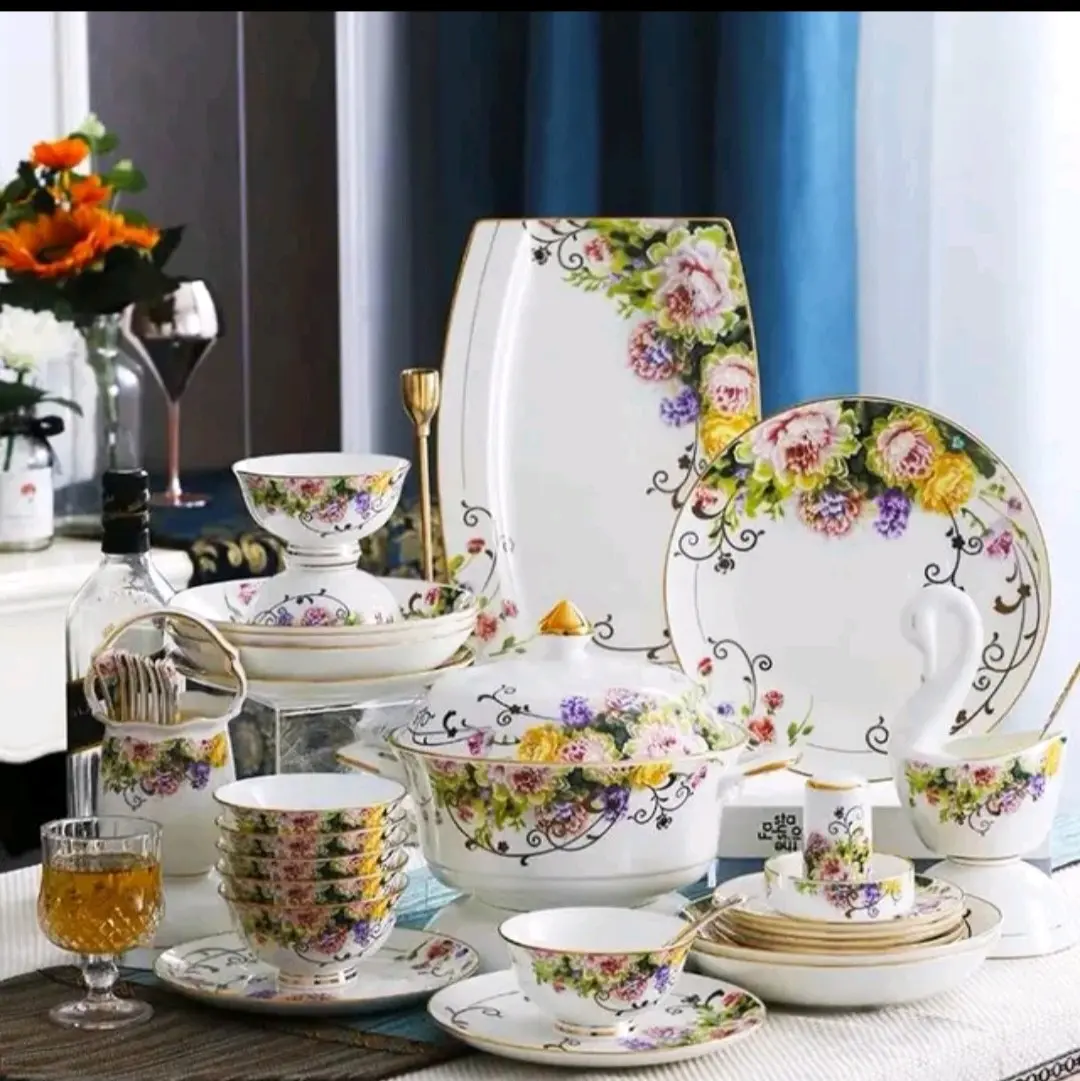 62 pcs dinnerware set bowls plates spoons dish tray handmade Artwork ceramics chinaware set