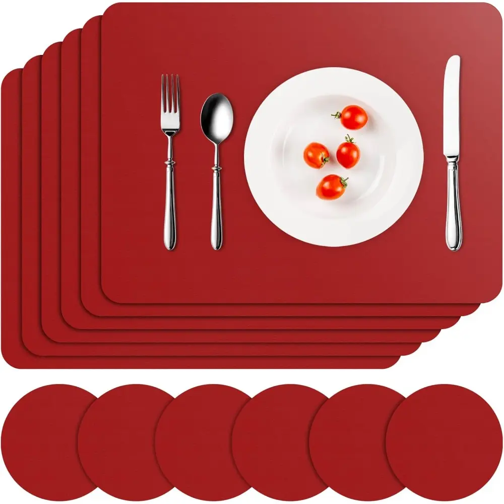 6-Piece Classic Thick Vinyl Placemats & Coasters Set - Red Faux Leather Kitchen Tableware, Waterproof, Heat-Resistant, Wipe Clean, Insulated, 4 Inches, for Dining Occasions & Decor