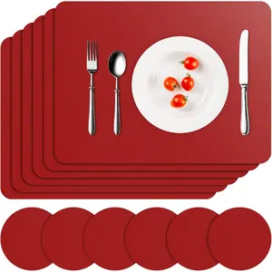 Vinyl Placemats Set of 6, Red Waterproof Faux Leather Heat Resistant Kitchen Place Mats, Wipeable Dining Table Place Mats and Coasters For Kitchen,Dining,Decor,Outdoor (Red)