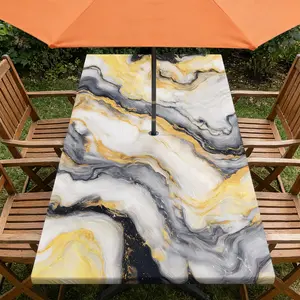 Rectangle Outdoor Tablecloth with Umbrella Hole and Zipper Waterproof Rectangle Fitted Tablecloth with Elastic Edge, Wipeable Outdoor Table Cover for Patio