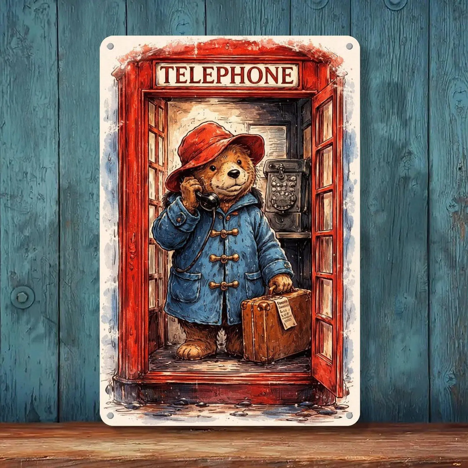 Paddington Bear Red London Telephone Booth Rainy Cute Illustration Tin Sign 8x12in British Kids Room Animal Wall Art Metal Tin Sign
