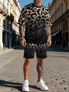 Men's Casual Sport Set, Breathable Round Neck T-Shirt + Track Shorts, Summer 3D Leopard Print, Ideal for Outdoor Wear