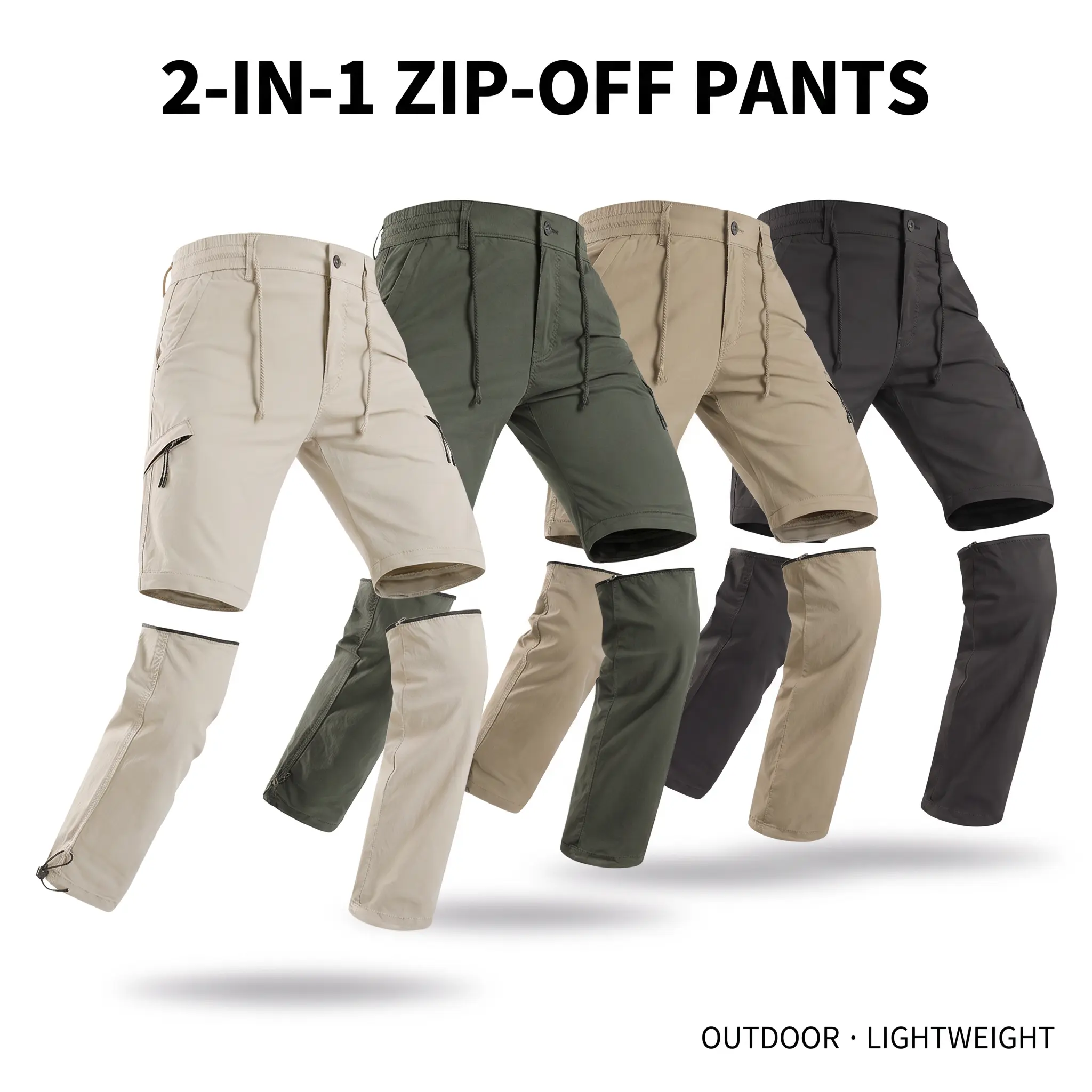 Men’s detachable two-way zip outdoor cargo pants—ideal for hiking, climbing, and camping. Men’s zippered, detachable cargo pants made from lightweight, smooth woven fabric. Full-length legs with removable zippers; instantly converts to shorts.