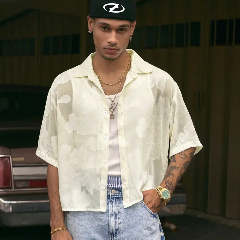 Men's Casual Loose-Fit Short Sleeve Shirt, Casual Button Shirts, Casual Button Up, Casual Button Collared, Casual Design Floral Pattern Button-Down Collar Top, Summer Fashion Street Style Outdoor Wear, Casual Summer Clothes, Menswear
