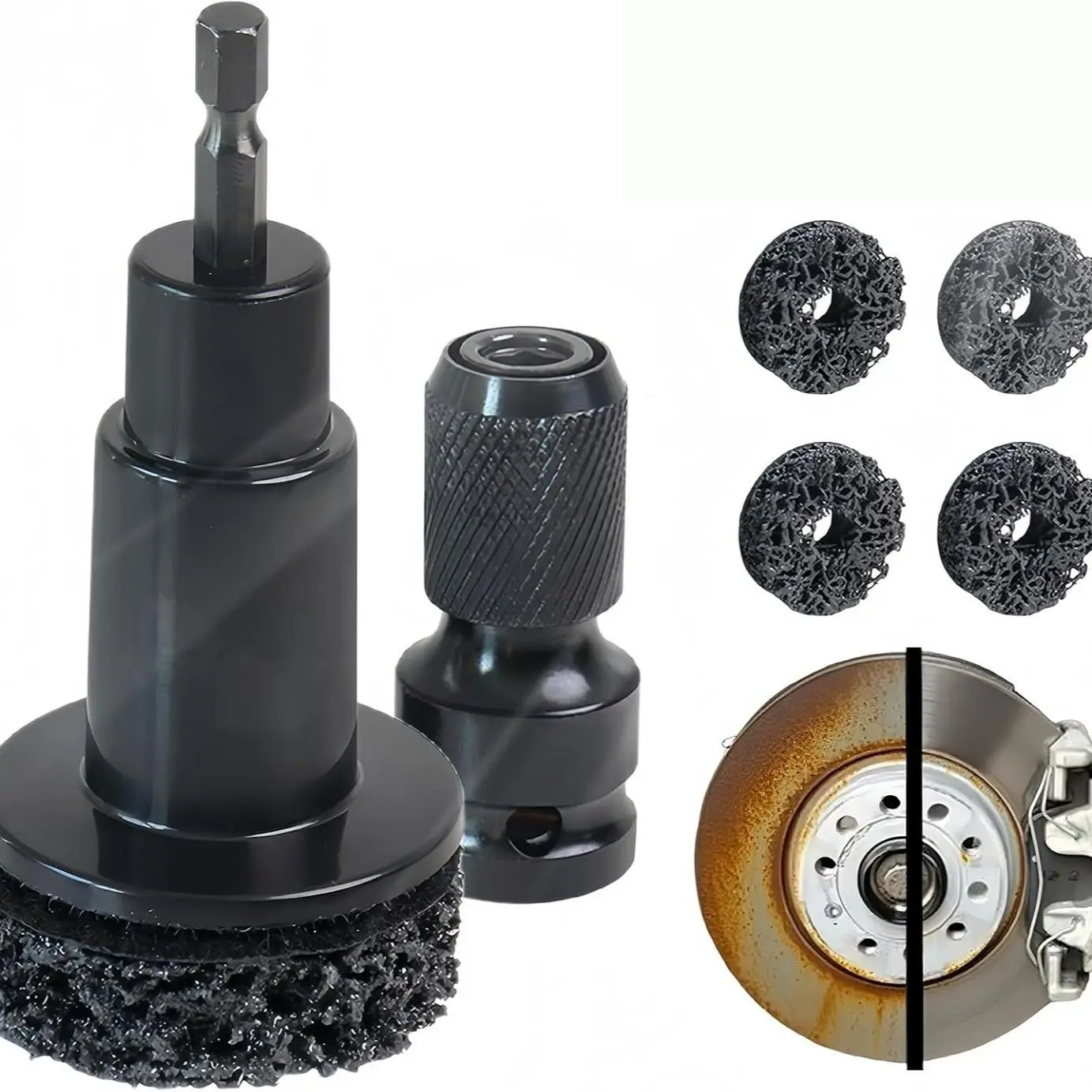 Wheel Cleaning Tool with Dual Head Adapter, Brake Wheel Cleaning Kit, 5 Gaskets for Rust Removal, Compatible with Electric Drill, Car Wash Accessories, Auto Detailing Supplies