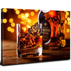 Vintage Whiskey Wine Canvas Wall Art Kitchen Picture Dining Room Wall Decor Brown Bourbon Whiskey Wall Decor Modern Men Office Decorations Family Bar Dining Room Paintings Artwork Framed