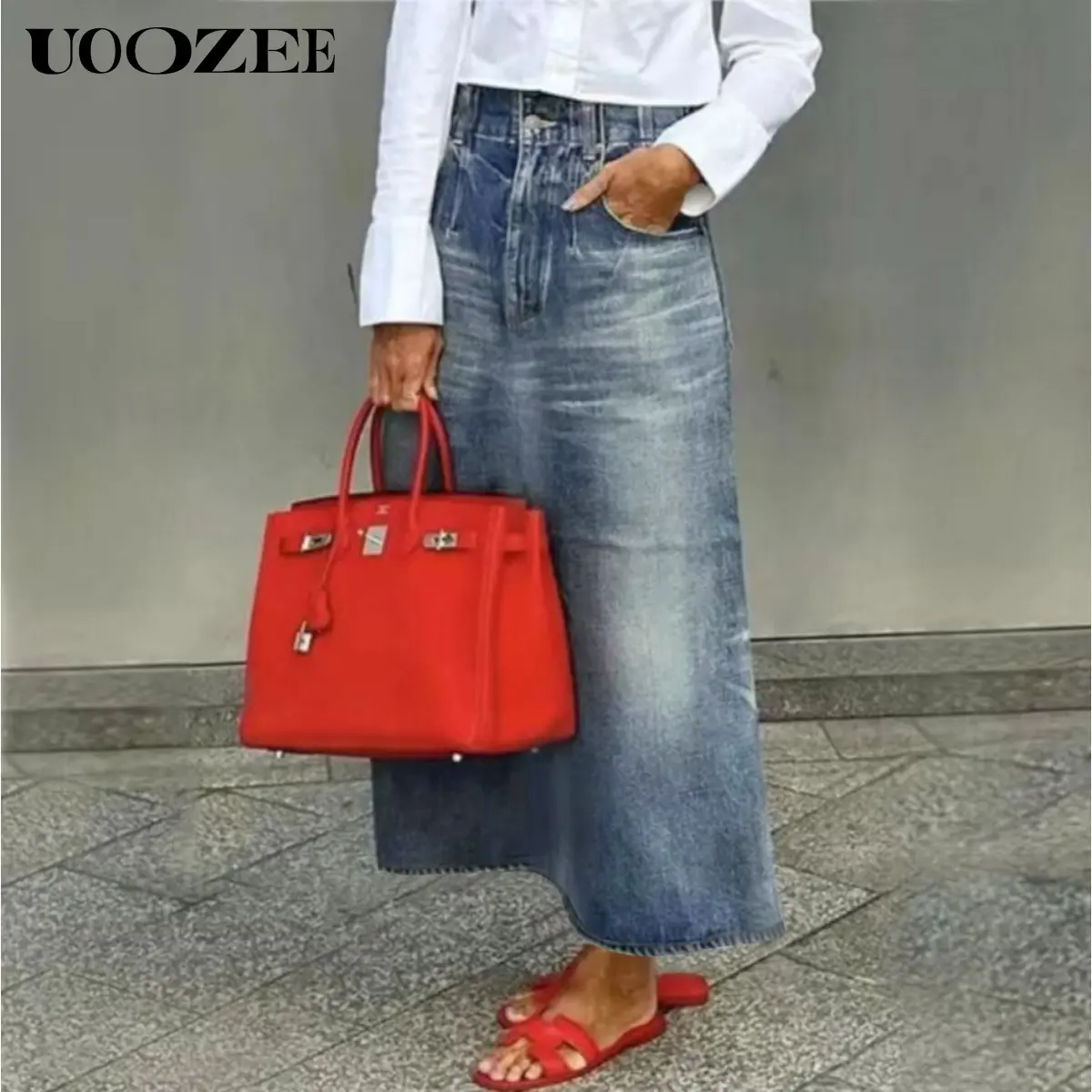 UOOZEE Women's Cotton-Blend Denim Maxi Skirt - Elegant Vintage Slim-Fit, Button Front, Pockets, Brushed Design, Color-Sorted Wash, Breathable Casual Classic Clothing, Hand Wash Only, Straight Cut, Valentine's Day Bottoms