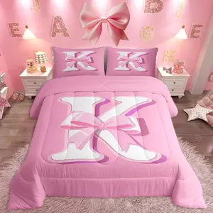 Pink Bowknot Bedding Set,,Decor Gifts for Women Teen Girl Ultra Soft Initial Letter K Bedding Set,Girly Romantic Comforter,Duvet Set Room Decor Quilt Set