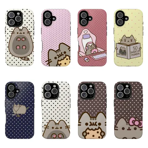 Pusheen The Cat Cute Polka Dot Protective Cellphone Casing - Polycarbonate Shockproof Shell, Non-Woven Lining, Compatible With iPhone 16-11 Pro Max, Galaxy S25-S22 Ultra, Christmas Gift