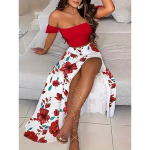 European and American Summer Slimming French Bohemian Digital Print Mid-Long Retro Tube Top Suit Half Skirt for Women