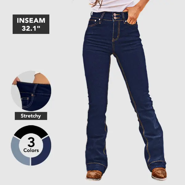 Flamingals High Waist Bootcut BBL Jeans Double Button Stitch Detail Flattering Vintage Comfortable Womenswear Flamingals High Waist Bootcut BBL Jeans Double Button Stitch Detail Flattering Vintage Comfortable Womenswear