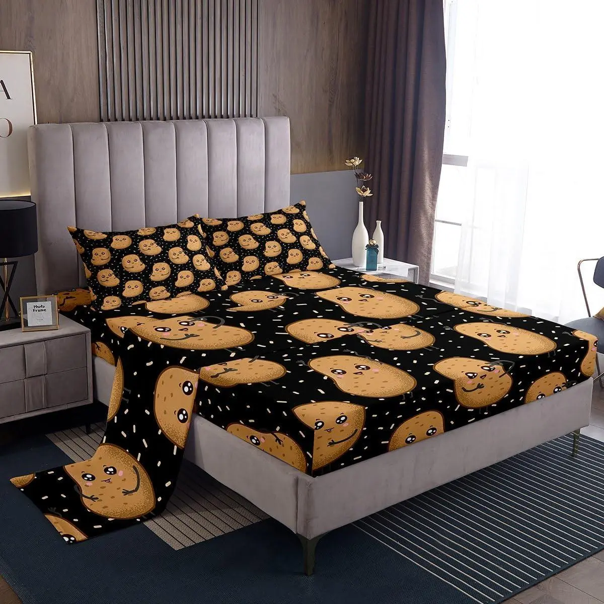 Cute Potatoes Sheet Set A Potato Sheets with Deep Pocket Fitted Sheet Funny Vegetables Chips Bed Sheets Set Kawaii Cute Black Bedding Set Room Decorations Bed Set