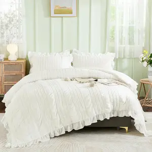 White Queen Comforter Set,Boho Ruffle Comforter for Queen Bed,Soft Seersucker Bedding Set with 1 Comforter,2 Tufted Pillowcases 90"*90"