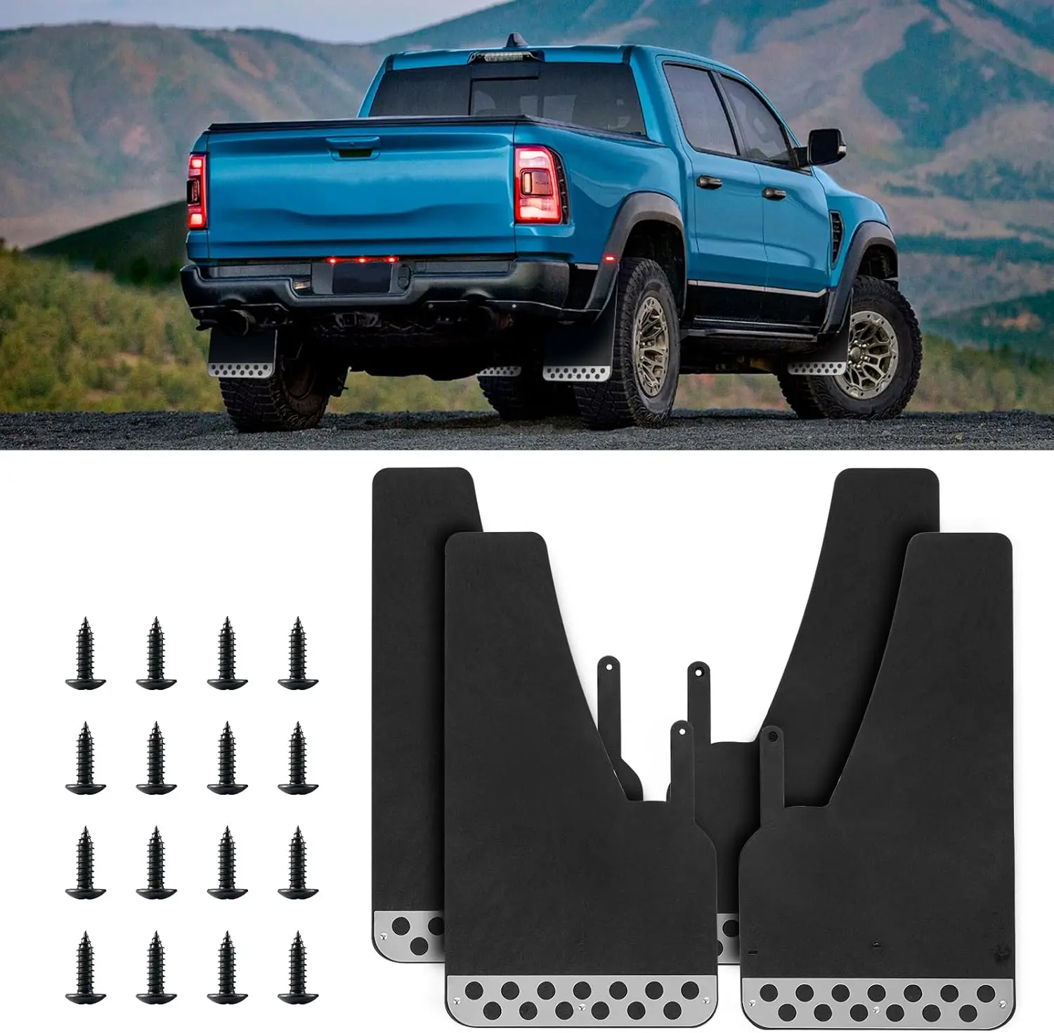 DREAMIZER 4 Pack Mud Flaps for Trucks Heavy Duty Universal Rbubber Mud Flaps Car Dirty Fender All Weather Mudguards Front Rear Splash Guards with Stainless Steel Plates