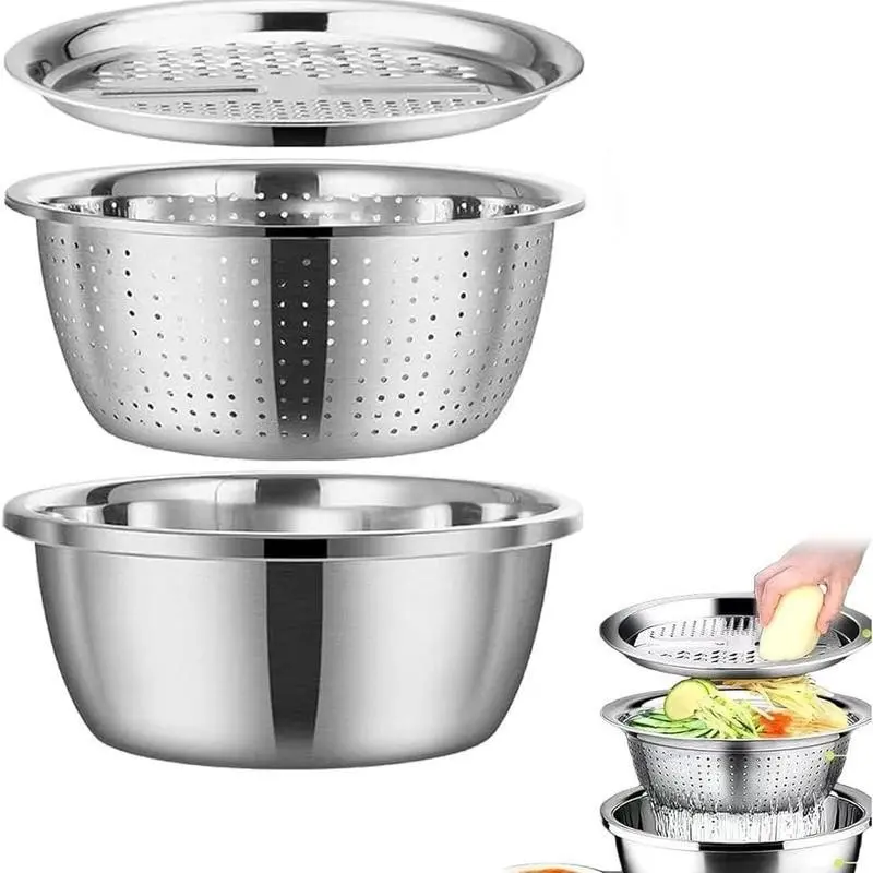 3 In 1 Thickened Stainless Steel Mixing Bowl Set Colander Strainer, Stainless Steel Drainer, Grater Lid Rust Resistant Kitchen Prep Bowl For Rice Washing Fruit Vegetable Draining Shredding Slicing Salad Making Home Cooking Baking Food Prep