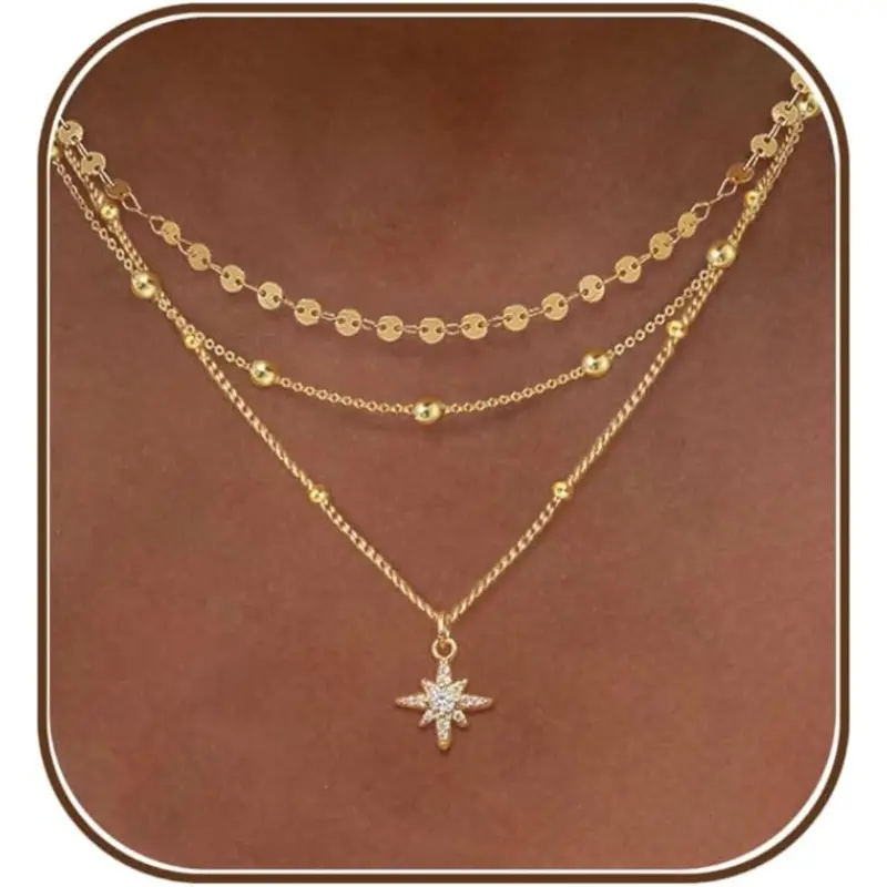 Women's 14k Gold Plated Layered Stackable Necklaces, Dainty Star Pendant Chain Set, Adjustable Length Gold Necklace for Women, Gold Necklace Women
