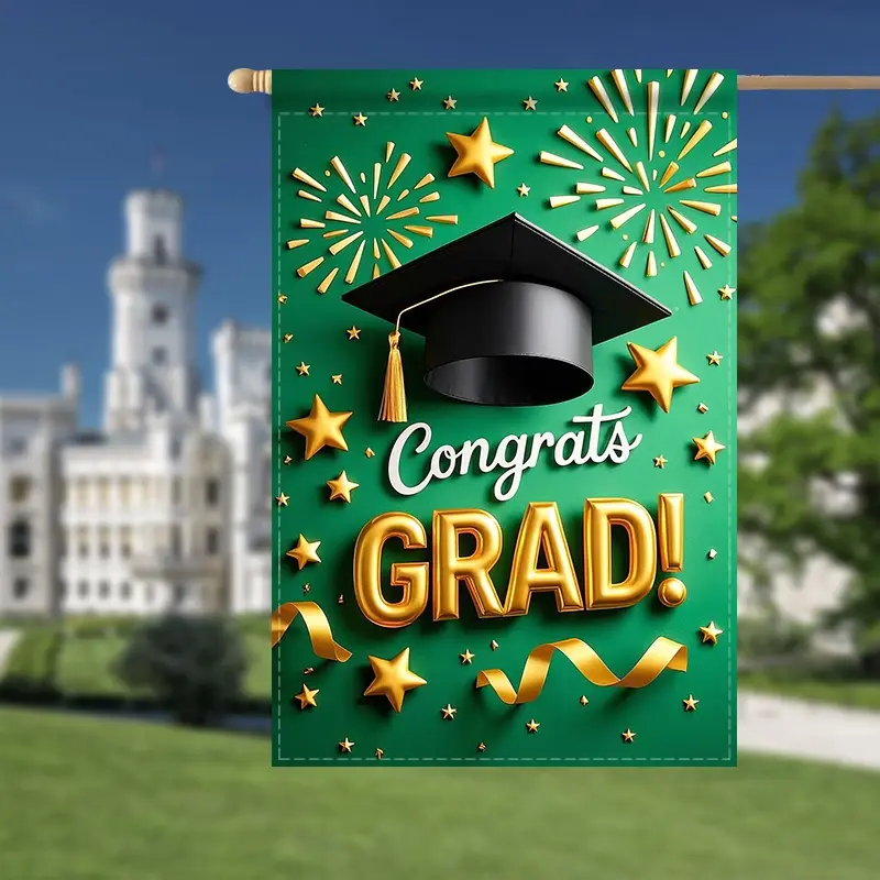 Congrats Grad Garden Flag 12x18 Inch, Green Gold Graduation Yard Flag with Cap & Stars, Double Sided Graduation Party Decor, Outdoor Welcome Flag for Graduation Celebration