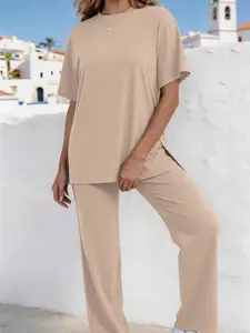 Plus Size Women’s 2-Piece Lounge Set with Pockets – Soft Minimalist Solid Color V-Neck Short Sleeve Tunic Top & Wide Leg Pants with Side Pockets, Comfy Stretch Loose Fit Matching Outfit, Casual Chic Everyday Wear, Travel & Home Loungewear