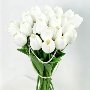 20 Pcs Artificial White Tulips + 100cm Faux Pearl Chain - Long Stem Artificial Tulips, Decorative, ideal for flower arrangement, vase filling, home decor, parties, weddings, festivals and Mother’s Day bouquets