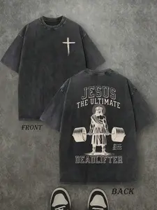 Retro Washed T-Shirt Double Sided Printed (230 Pure Cotton T-Shirt) 'JESUS THE ULTIMATE DEADLIFTER' Letter Print, Christian Gift, Men's T-Shirt, Men's Casual, Comfortable, Fashionable T-Shirt, Street Style Cotton
