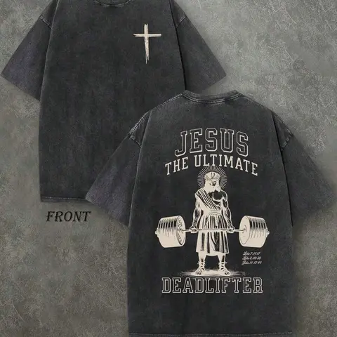 Men's 230 Pure Cotton Retro Washed Short-Sleeve Graphic T-Shirt - Double-Sided 'JESUS THE ULTIMATE DEADLIFTER' Letter Print, Relaxed Fit Christian Workwear, Vintage Fabric Cargo Vibe Top, Chic Christian Party Gift