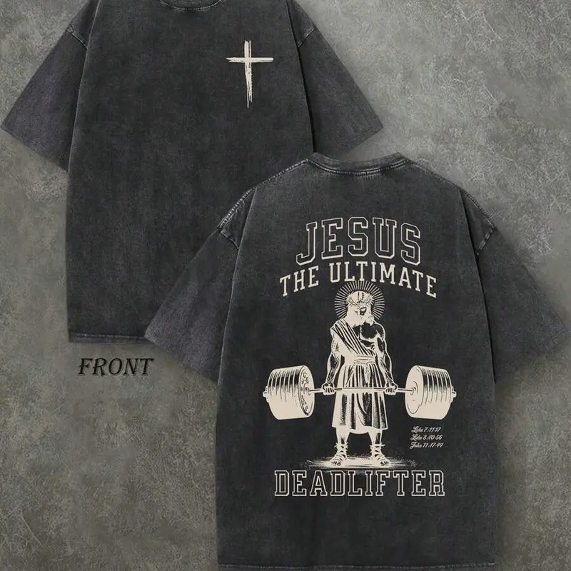 Men's 230 Pure Cotton Retro Washed Short-Sleeve Graphic T-Shirt - Double-Sided 'JESUS THE ULTIMATE DEADLIFTER' Letter Print, Relaxed Fit Christian Workwear, Vintage Fabric Cargo Vibe Top, Chic Christian Party Gift